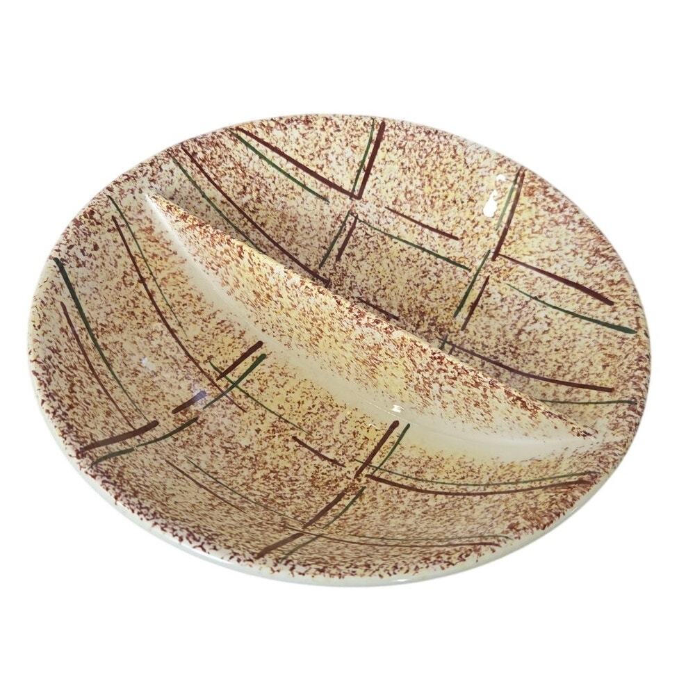 Vtg Blue Ridge Divided Serving Bowl Hand Painted Plaid Brown